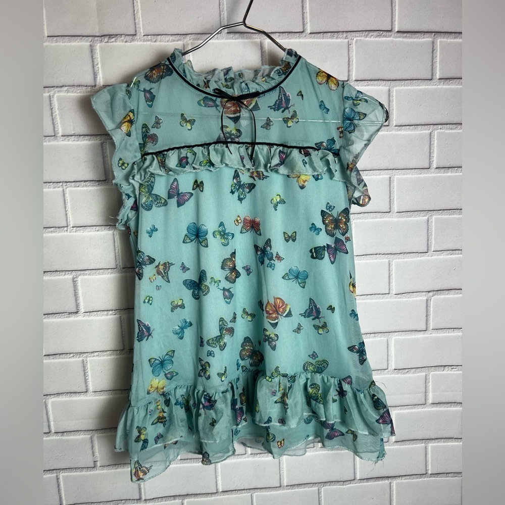 Knitworks Butterfly Print Ruffle girls blouse / green size L(14)